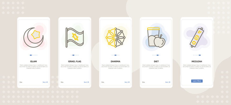 onboarding screen template for religion mobile app ui with islam, israel flag, dharma, diet, mezuzah icons.