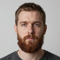 Obraz premium High-fidelity 50mm portrait featuring desaturated neutral tones, haptic facial hair textures, and volumetric depth with a massive environmental void.