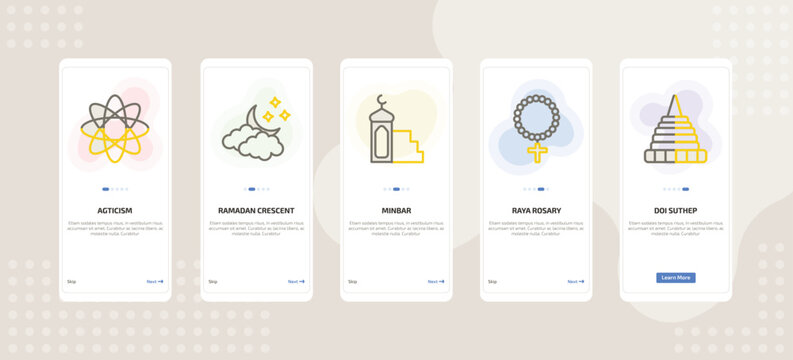 onboarding screen template for religion mobile app ui with agticism, ramadan crescent moon, minbar, raya rosary, doi suthep icons.