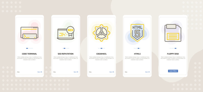 onboarding screen template for IT mobile app ui with code terminal, seo reputation, cogwheel, html5, floppy disk icons.
