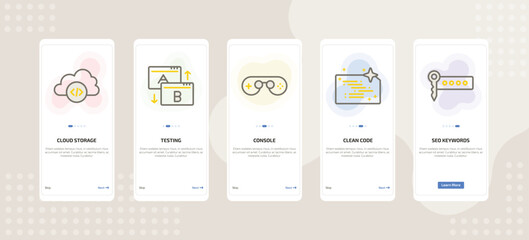onboarding screen template for IT mobile app ui with cloud storage, testing, console, clean code, seo keywords icons.