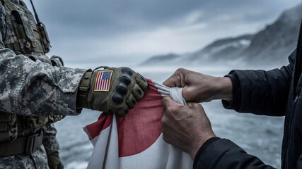 soldier in military camouflage with american flag patch on glove holding greenland flag on a cold arctic coast background representing international cooperation and strategic presence