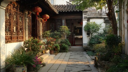 Obraz premium Heritage Chinese Courtyard Architecture with Gray Tile Roof and Lush Plants