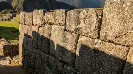 Inca stone wall texture glows under sunlight at ancient ruins of Machu Picchu