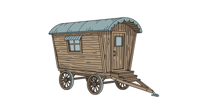 A colored cartoon illustration of a vintage wooden gypsy caravan or vardo with a curved roof a small window and entry steps.
