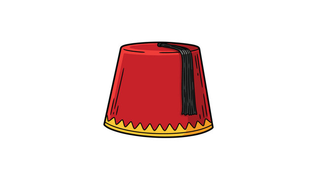 A classic red fez hat with a black tassel and a gold zigzag pattern on the bottom is depicted in a colorful cartoon style.