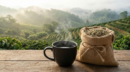 Obraz premium Steaming black coffee cup sits beside raw green coffee beans overlooking misty plantation