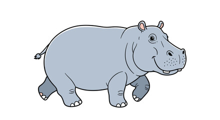 Obraz premium Friendly and cute cartoon hippopotamus walking and smiling in a simple and charming illustration for children on a white background.