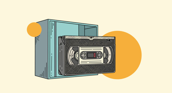Nostalgic retro-style illustration of a VHS video cassette tape emerging from its case against a background with abstract shapes.