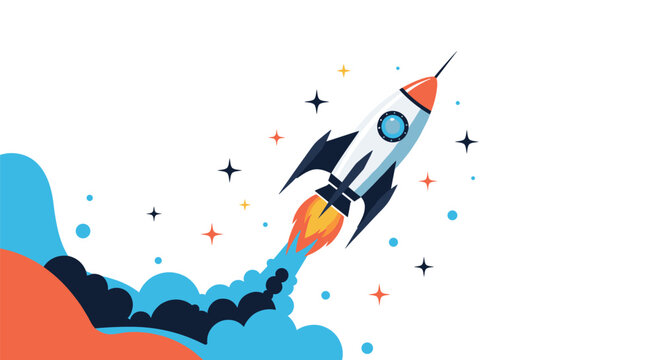 Flat design illustration of a toy rocket launching into space with a trail of smoke and stars representing startup and innovation.
