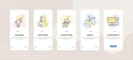 onboarding screen template for people mobile app ui with man hearing, breastfeeding, running at finish line, complex, ultrasonography icons.