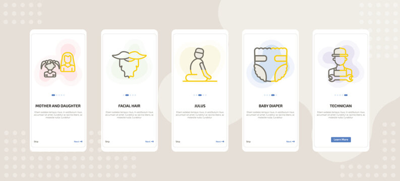 onboarding screen template for people mobile app ui with mother and daughter, facial hair, julus, baby diaper, technician icons.