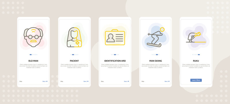 onboarding screen template for people mobile app ui with old man, pacient, identification ard, man skiing, ruku icons.