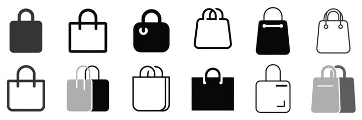 Shopping bag icon set featuring paper bags, online shop symbol, outline bag icons, package symbols, ecommerce delivery, vector illustration ideal for retail design, ui ux, packaging labels © WelcomeJune
