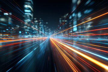 Fototapeta premium Lights move quickly in a city at night with tall buildings and bright colors