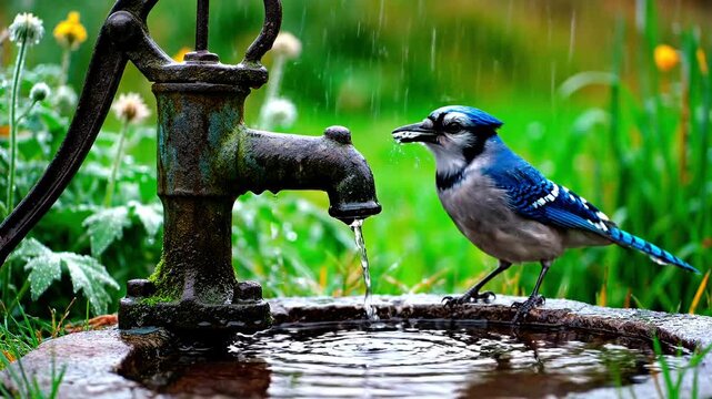 blue jay bird drinking water in rain ai nature video