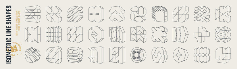 Isometric line brutal 3D shapes, Brutalism volumetric carcass various form, Postmodern abstract geometric graphic frame elements, trendy cyber design symbols in futuristic aesthetics, vector set 9