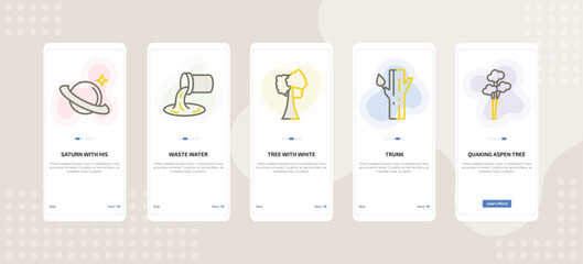 onboarding screen template for nature mobile app ui with saturn with his ring, waste water, tree with white foliage, trunk, quaking aspen tree icons. © Farahim