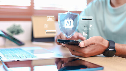 AI security and responsible artificial intelligence concept with shield protection, secure AI system and digital technology on smartphone and laptop. Data protection and AI governance.