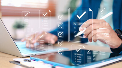 Digital document management and compliance checklist concept with approval checkmarks, audit...