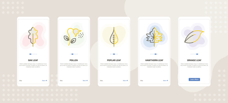 onboarding screen template for nature mobile app ui with oak leaf, pollen, poplar leaf, hawthorn leaf, orange icons.