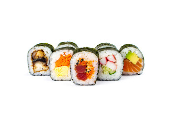 Sushi rolls isolated on white background.