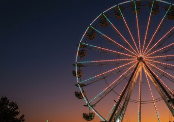 A vibrant Ferris wheel spinning slowly against the twilight sky, illuminated by hundreds of colorful lights at a seasonal carnival ,vibrant ,holiday ,summer