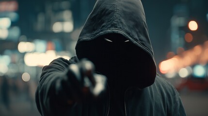 Anonymous Hooded Figure Pointing Toward Camera in Night City Street, Urban Surveillance and Digital Threat Concept, Cybersecurity Risk Identity and Modern Technology Tension Theme