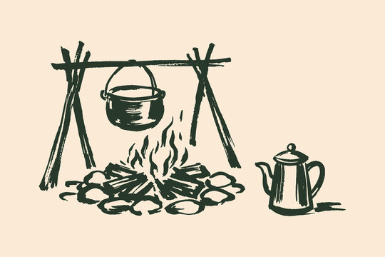 Campfire cooking pot rustic hand drawn vector illustration