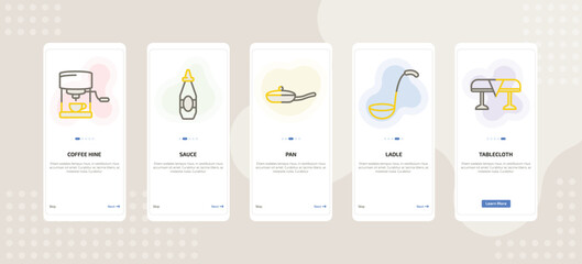 onboarding screen template for kitchen tools mobile app ui with coffee hine, sauce, pan, ladle, tablecloth icons.