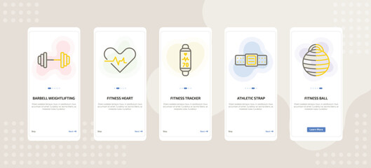 onboarding screen template for fitness mobile app ui with barbell weightlifting, fitness heart, fitness tracker, athletic strap, fitness ball icons.