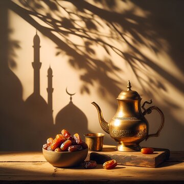 A warm, tranquil still life featuring a traditional brass teapot and small metal cup placed on a rustic wooden table, accompanied by a bowl of ripe dates. Soft sunlight creates dramatic shadows of mos