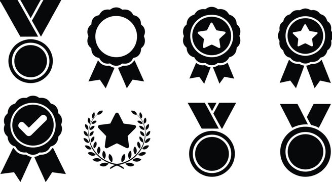 Award and recognition icon collection with solid medals, badges, and laurel wreath symbols, ideal for ranking systems, achievement highlights, success visuals, certification graphics