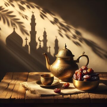 A warm, tranquil still life featuring a traditional brass teapot and small metal cup placed on a rustic wooden table, accompanied by a bowl of ripe dates. Soft sunlight creates dramatic shadows of mos