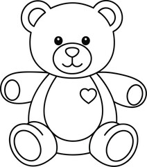 Fototapeta premium Adorable black and white outline drawing of a classic teddy bear toy featuring sweet eyes and a small heart emblem on its chest