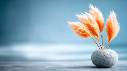 Minimalist gray stone vase holding delicate orange pampas grass plumes against a serene blue background, conveying tranquility