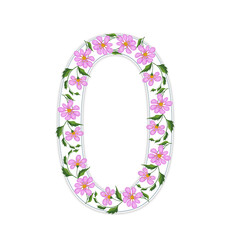 The white number 0 is decorated with an ornament of pink flowers. Computer illustration.
