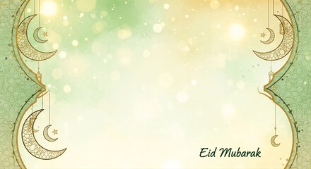 Eid Mubarak greeting card with abstract Islamic background and crescent moon design elements in gold and green hues for Eid al-Fitr celebrations.