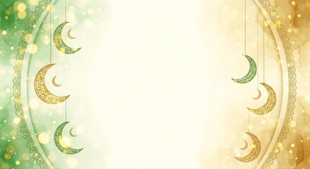 Eid Mubarak background with hanging crescent moons in green and gold hues against an abstract Islamic-themed backdrop for Eid al-Fitr celebrations.