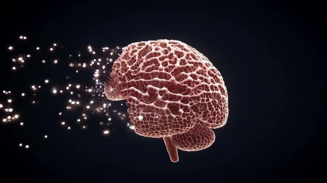 3 D animation of human brain with glowing particles emanating from left side representing