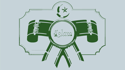 Islamic Label with Green Ribbon and Crescent Moon