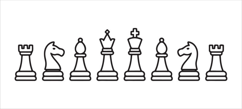 Outline chess pieces set vector isolated on white background, game icons, line art illustration