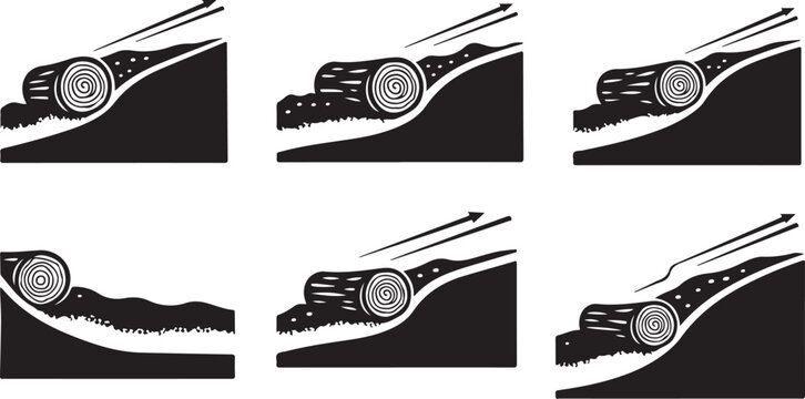 Tire rolling down a hill in various stages depicted