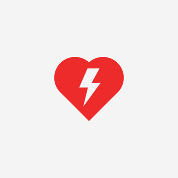 Red heart icon with a lightning bolt symbol in the center, representing love, energy, passion, power, or emotional intensity. Minimal flat vector style suitable for healthcare