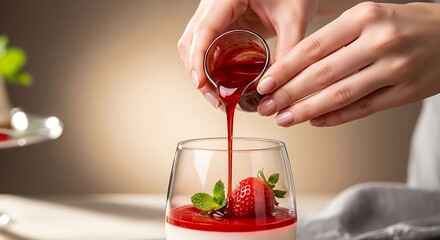 Strawberry Dessert Topping Being Poured
