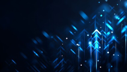Abstract background featuring multiple stylized arrows composed of bright blue light lines pointing upward symbolizing various directions of rapid progress business development data analysis