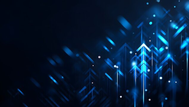Abstract background featuring multiple stylized arrows composed of bright blue light lines pointing upward symbolizing various directions of rapid progress business development data analysis