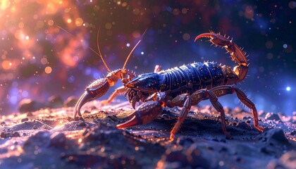 Scorpion on rocky terrain under vibrant cosmic background.