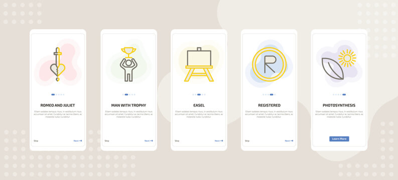 onboarding screen template for education mobile app ui with romeo and juliet, man with trophy, easel, registered, photosynthesis icons.