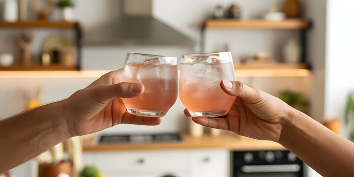 Latino Hands Toasting Pink Barley Drink Cebada in Modern Latin Kitchen with Warm Natural Lighting